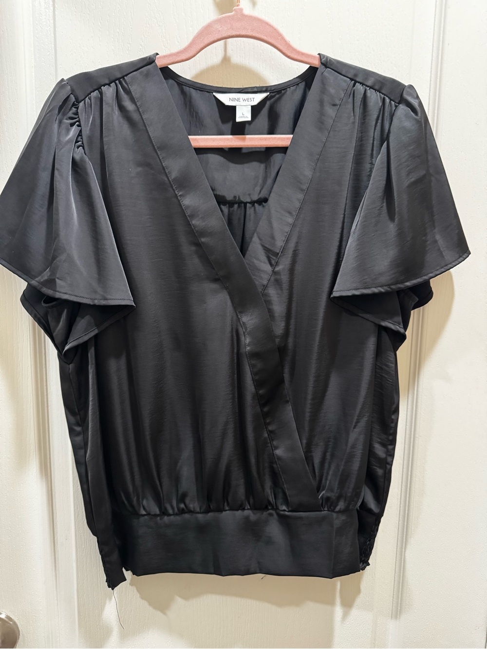 Nine West Black Satin V-Neck Flutter-Sleeve Blouse